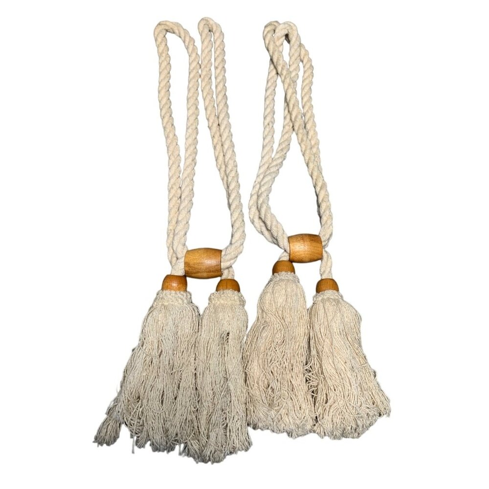 Vintage Curtain Tiebacks with Tassels & Wooden Beads Set of 2